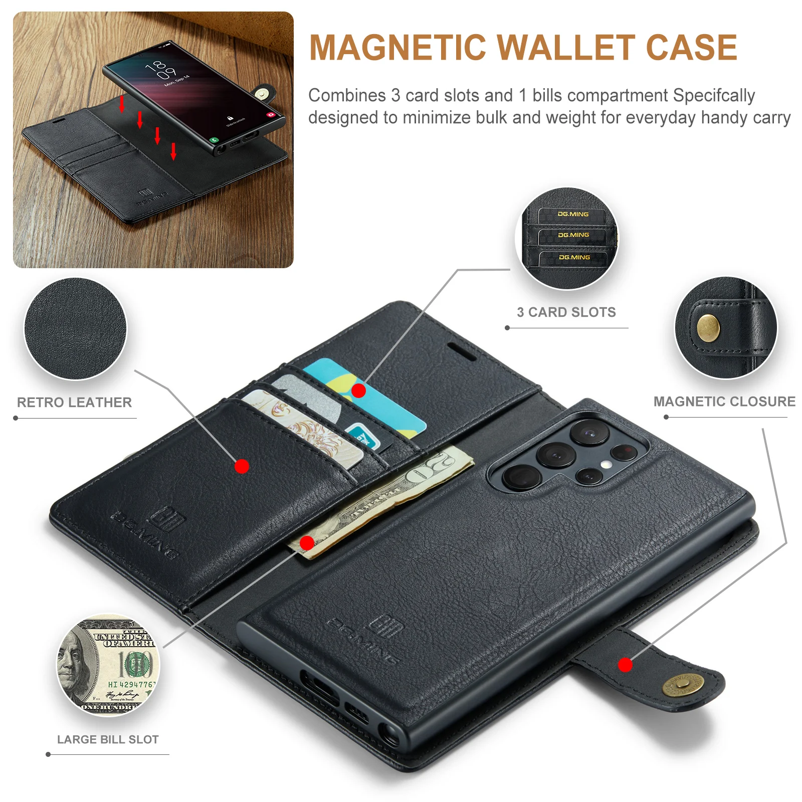 DG.Ming For Samsung A55 A35 A15/S7 S8 S9 S10 Plus 2-Folding Magnetic Wallet Phone Case for Galaxy Note 8 9 10 Plus A40 A50 A70