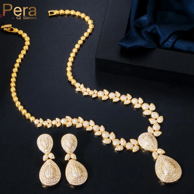 Pera Luxury Water Drop Gold Color Jewelry Sets Cubic Zirconia Long Pendant Necklace and Earrings for Bridal Wedding Gift J221