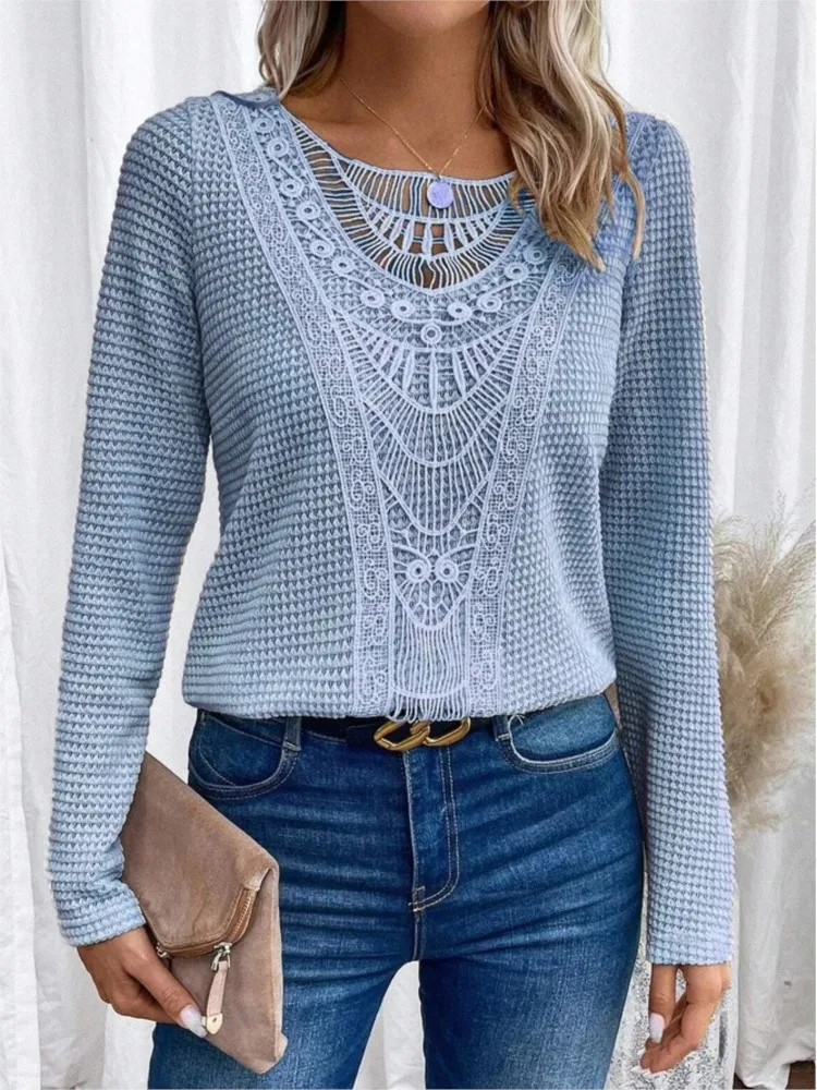 Women\'s Fashion Lace Stitching Blouses T-shirt Summer Casual Round Neck Office Lady Long-sleeve Loose Tees Tops Women Clothing
