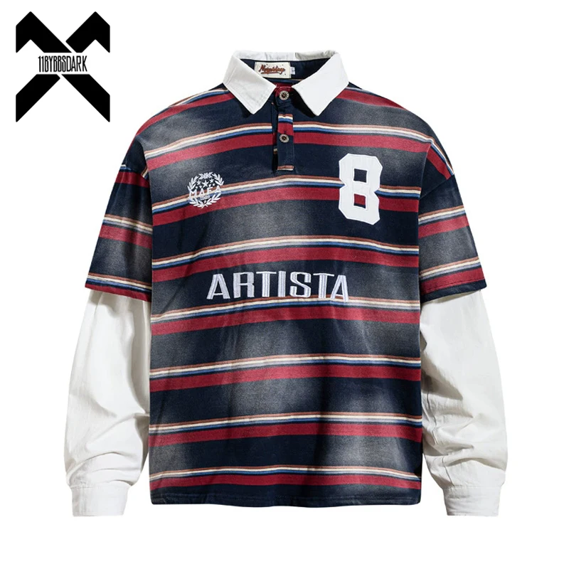 

Винтажная футболка-поло унисекс в стиле стритвир с эффектом потертости, цветными блоками, длинным рукавом, вышивкой букв, имитация двухслойного полосатого пуловера