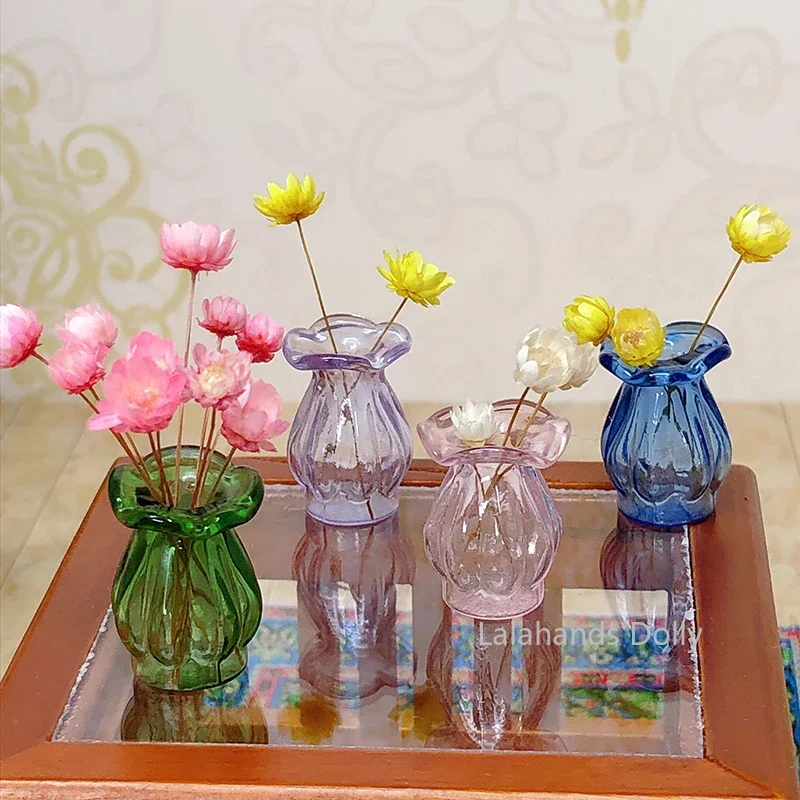 1:12 Dollhouse Mini Flowers Glass Vase Miniature Model Toy Shooting Props Dollhouse Accessories