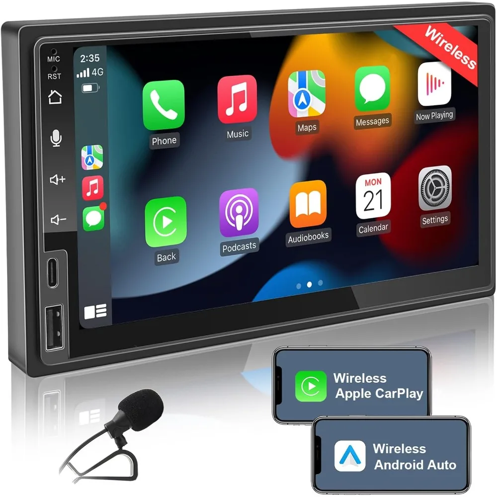 Autoradio doppio Din con CarPlay wireless e Android Auto wireless, autoradio touchscreen con Bluetooth, USB/SWC/AUX/FM