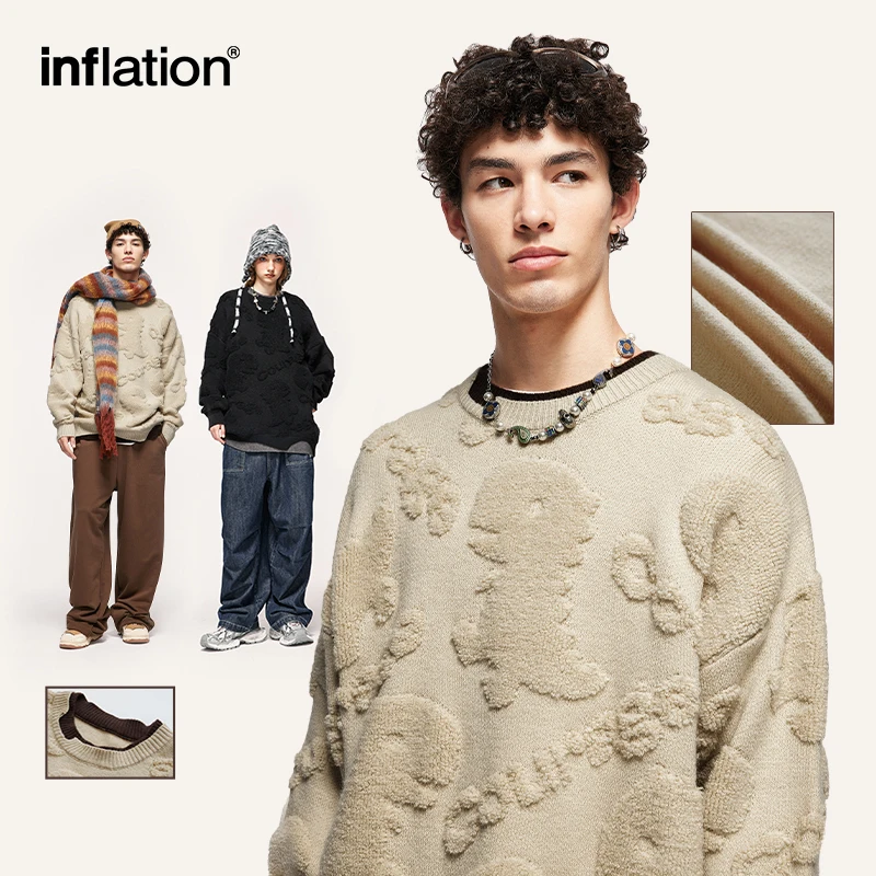 

INFLATION Little Dinosaur Jacquard Knitwear Warm Sweaters Unisex False Two Pieces Oversized Pullovers Mens Jumpers