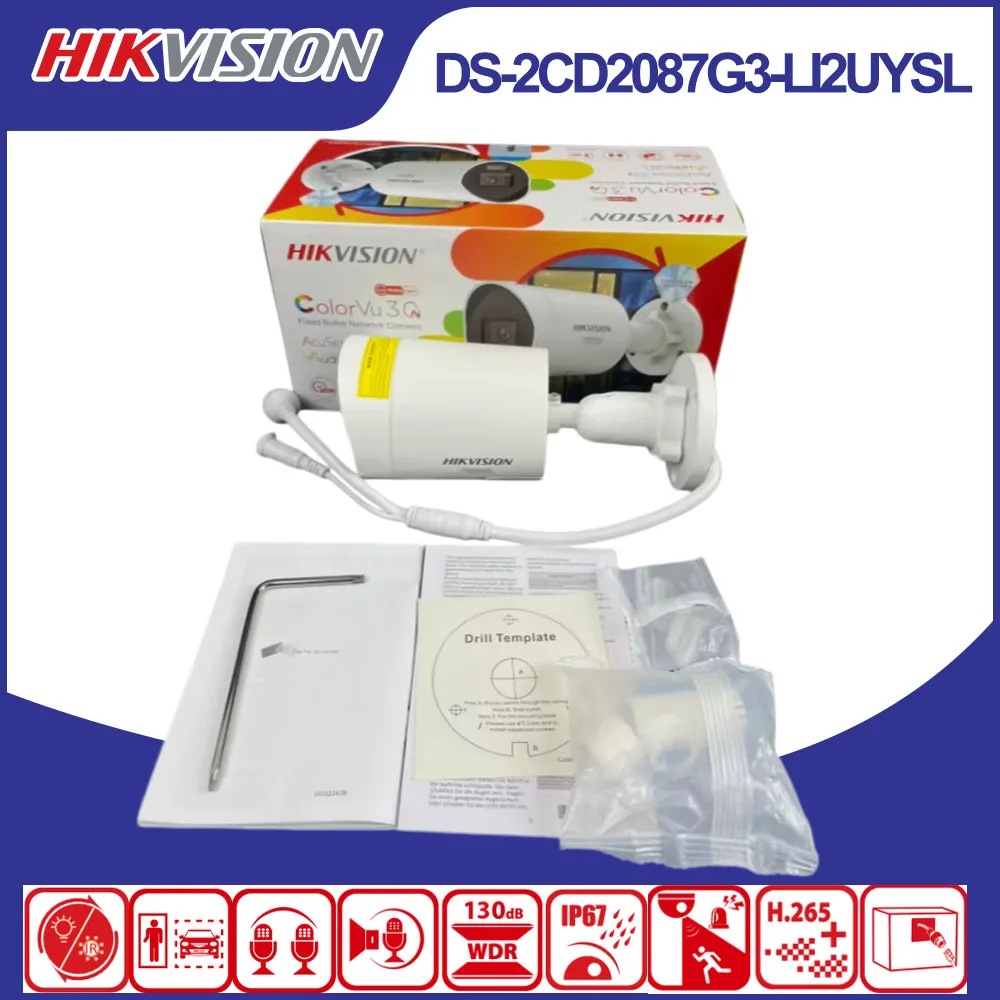Hikvision DS-2CD2087G3-LI2UY/SL 8MP 4K ColorVu Bullet IP Camera PoE Smart Hybrid Light Two-Way Audio AI Human Vehicle Detect
