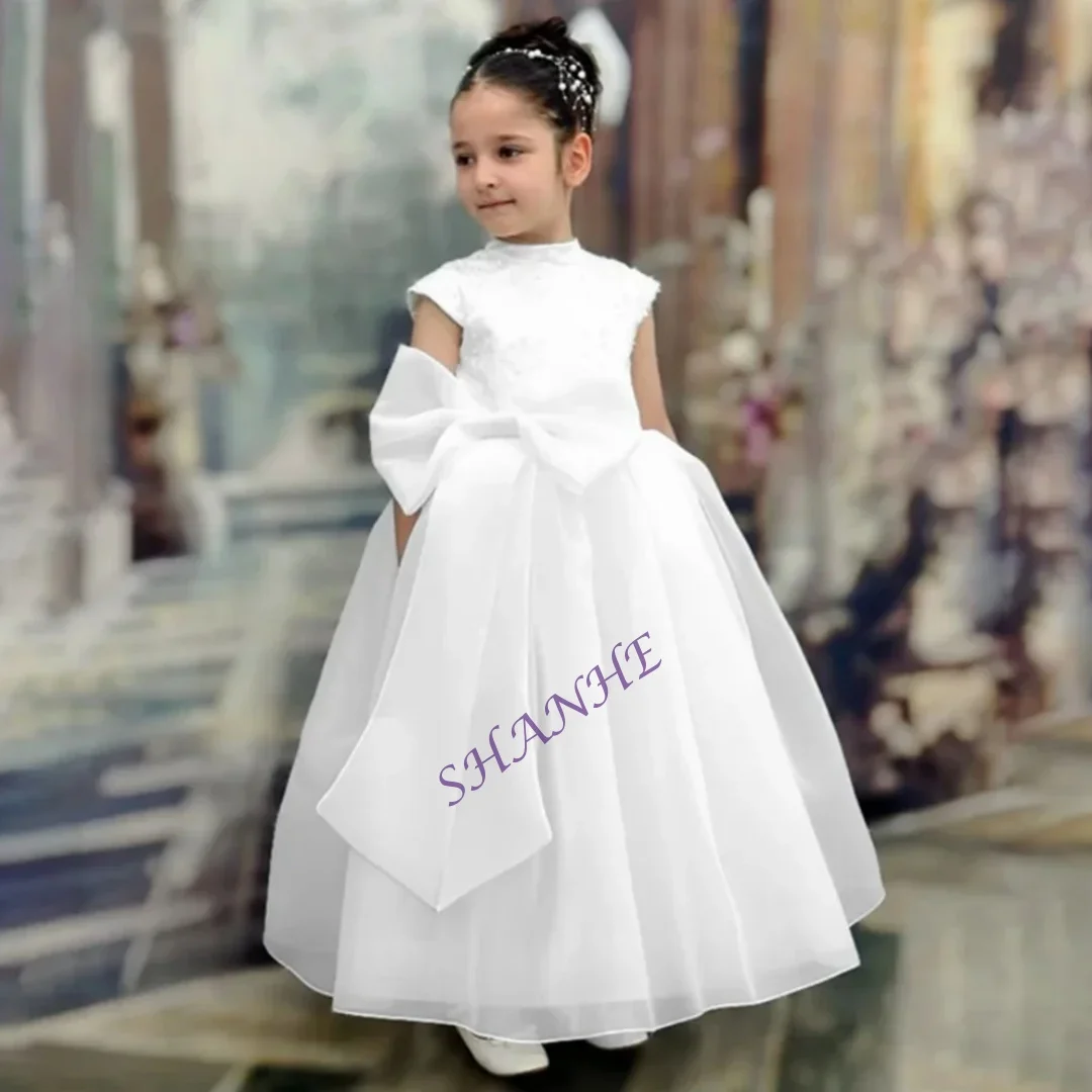 CustomizedBow Princess Long Ball Wedding Party Dress For Girl Ankle Length Applique Elegant Classic Style First Communion Gown N