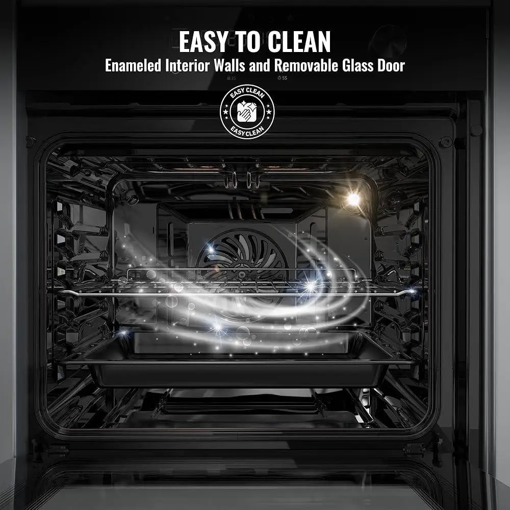 Horno eléctrico de pared de convección de 24 pulgadas, 3000W, Control de pantalla táctil, 8 funciones de cocción, puerta de vidrio extraíble de fácil limpieza