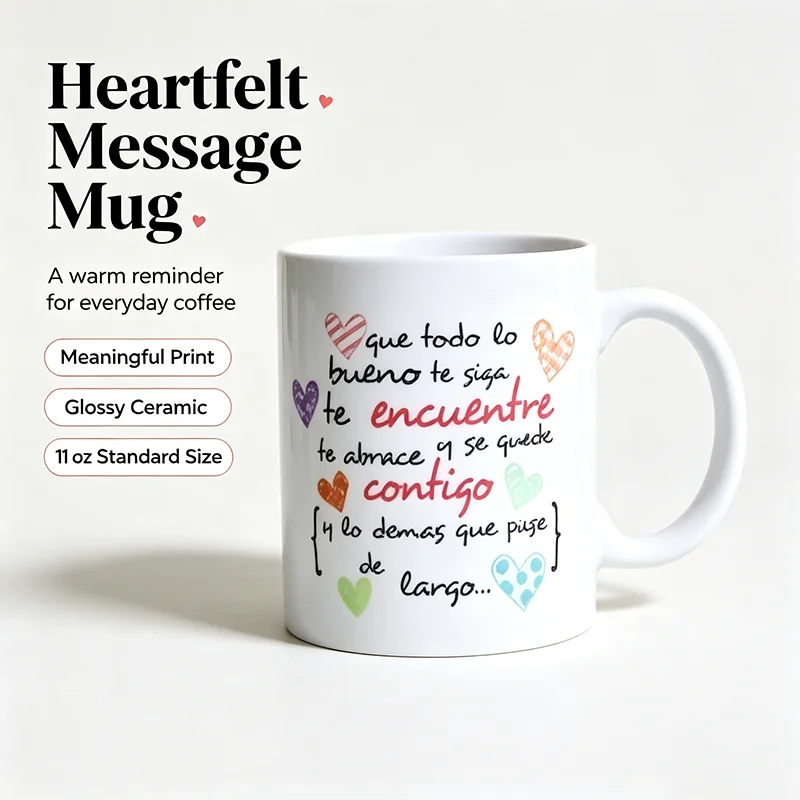 Spanish Blessing Quote Ceramic Coffee Mug Colorful Hand Drawn Heart Print White Porcelain Tea Cup Positive Wish Holiday Gift