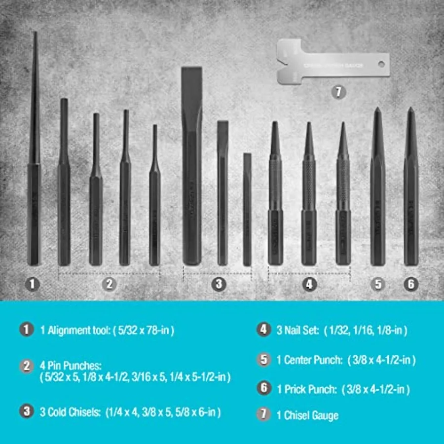 14 Piece Punch/Chisel/Alignment Tool Set Including Pin Center and Nail Punches Alignment Tool Cold Chisels Chisel Gauge with Ro