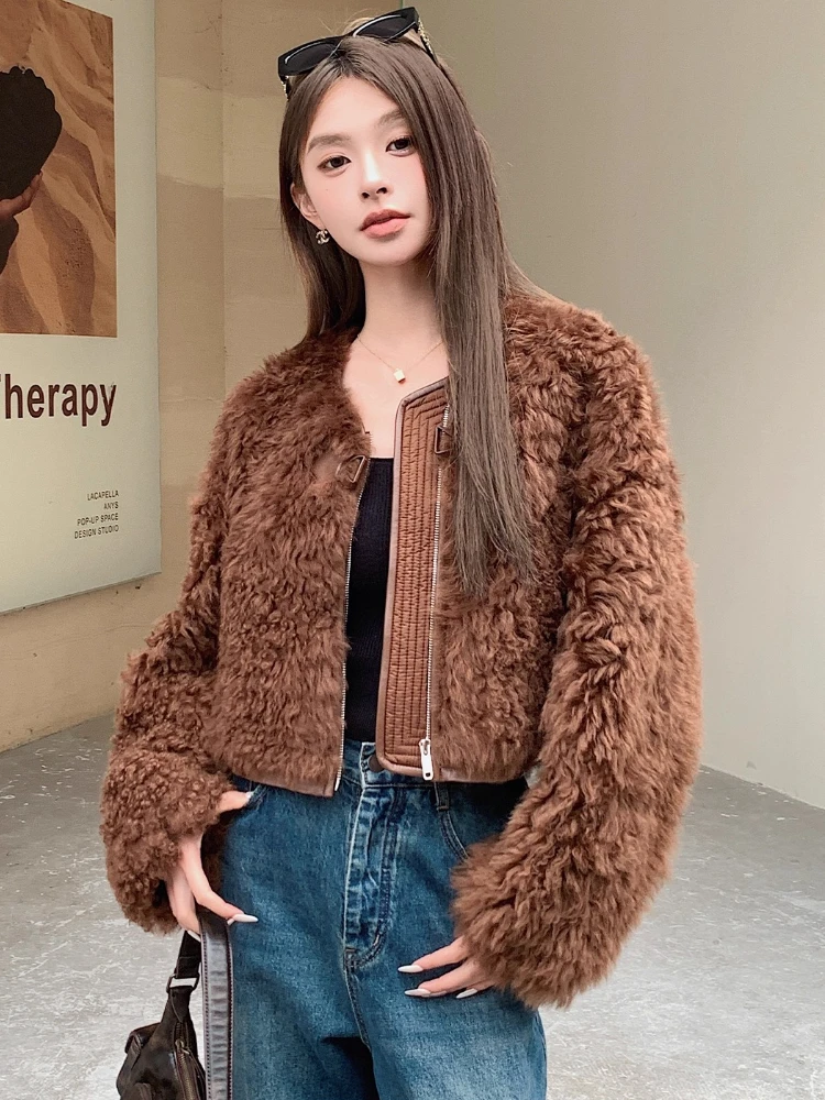 

High-end Luxury Toscana Lamb Fur Winter Furry Jackets for Women 2026 Simple Classic O-neck Short Genuine Leather Real Fur Coat
