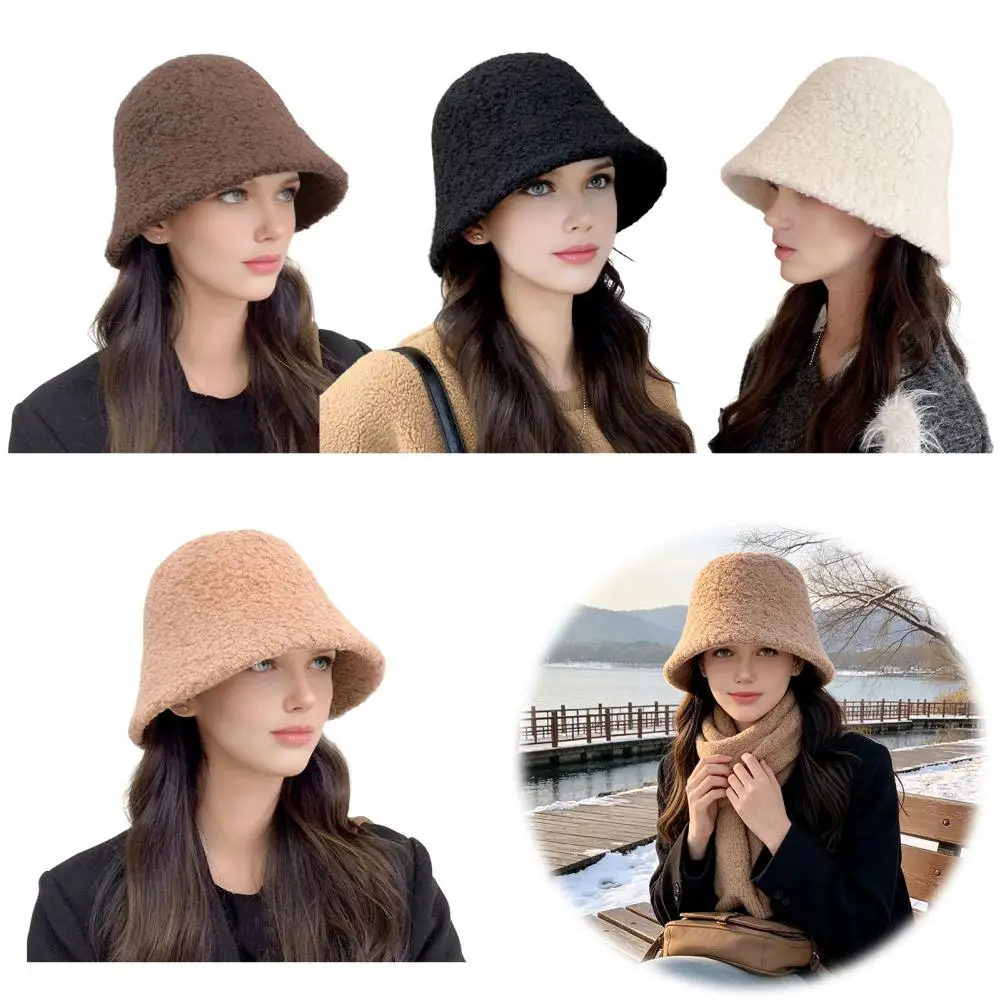 Soft Plush Hat for Autumn Women Lambswool Bucket Hat Winter Warm Fisherman Cap Cozy Cloche Hat for Fall Weather Wide for Girls