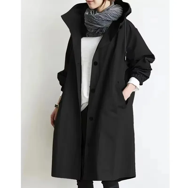 Plus Size Kapuzen-Trenchcoat, klassische Mode, lockerer Damen-Windbreaker-Mantel, Khaki, Schwarz, lässige Oberteile