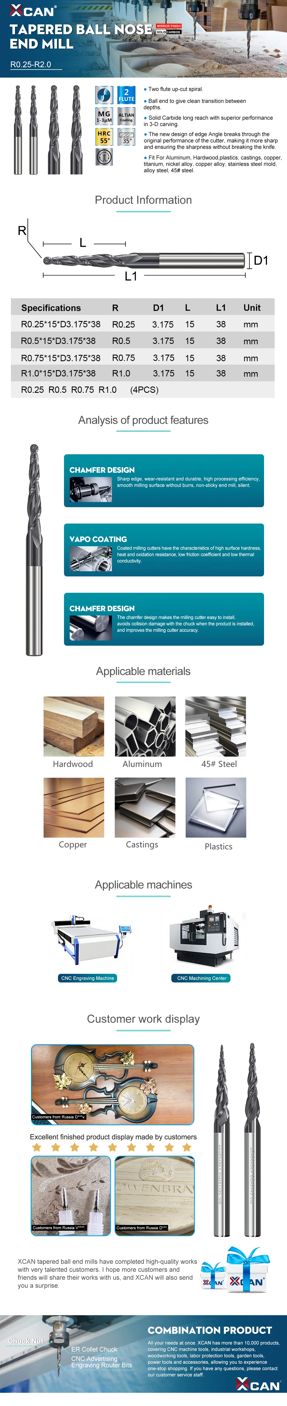 XCAN Fräser, konischer Kugelkopffräser, R0,25/R0,5/R0,75/R1,0, 3,175 mm Schaft, Hartmetall-Holzgravur-Bit, CNC-Fräser – Detail 3