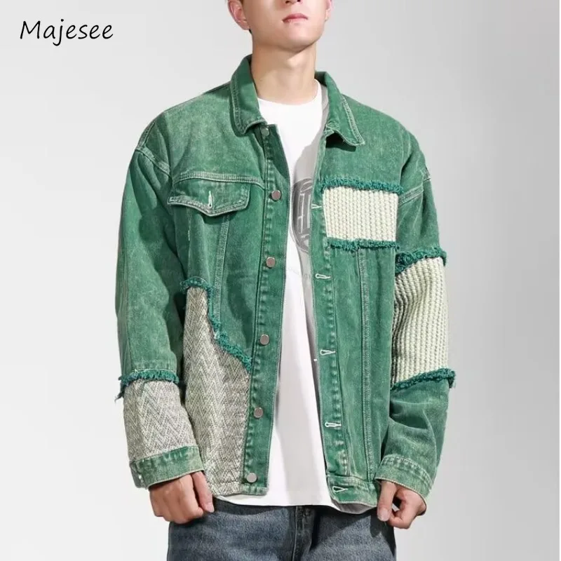 

Frayed Denim Jackets for Men Vintage Irregular Cargo Outwear Chic High Street Autumn Personality Hip-hop American Style Handsome