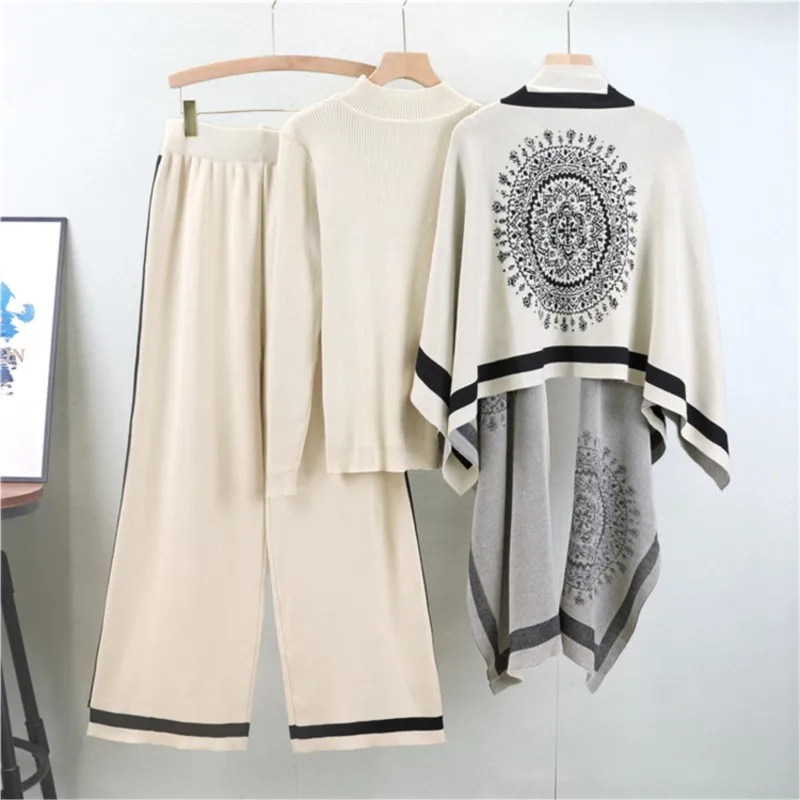 Women Winter Casual 3pc Suits Vintage Print Shawl+Loose Pullover+Wide Legs Long Pants Thick Warm Women Knit Streetwear Sets