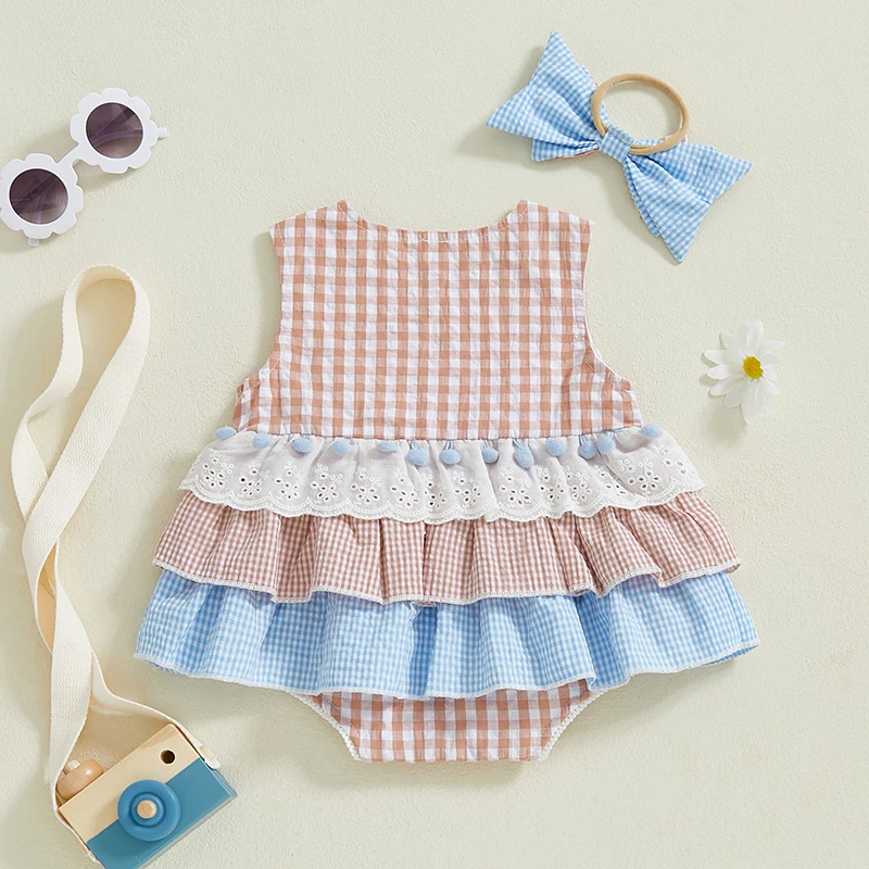 Tregren 0-18M Infant Baby Girls Romper Dress Summer Sleeveless Plaid Ruffled Bodysuits with Bowknot Hairband Set Newborn Clothes