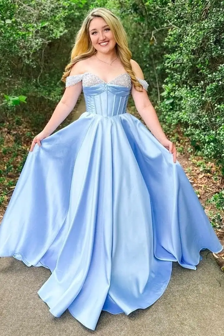 오프숄더 새틴 프롬 드레스 비즈 장식 스위트하트 볼 가운 우아한 A라인 웨딩 드레스 신부용 정장 드레스 이브닝 드레스