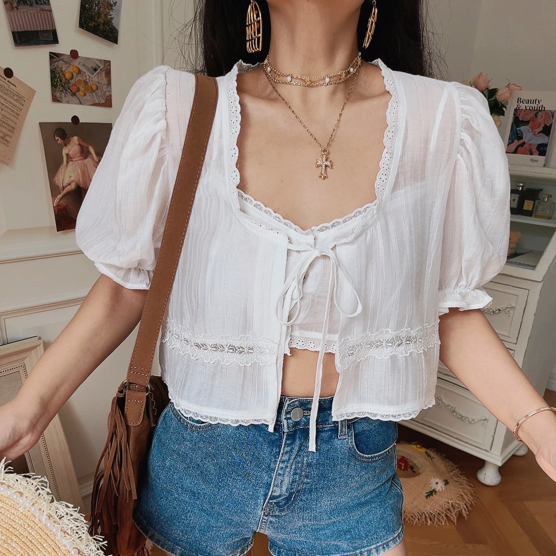 

French Style Lace Trim Bubble Sleeve Shirt Tie Belted Strap Top Bottoms Set Sun Protection Women's Short Sleeve Square Collar