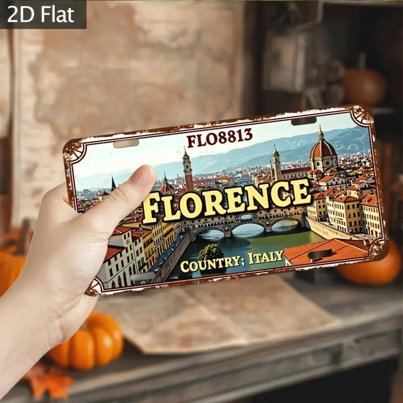 شقة 2D، قطعة واحدة من لافتة ديكور الحائط الصناعية العتيقة، لوحة معدنية من الألومنيوم مع فن لاندمارك إيطاليا،