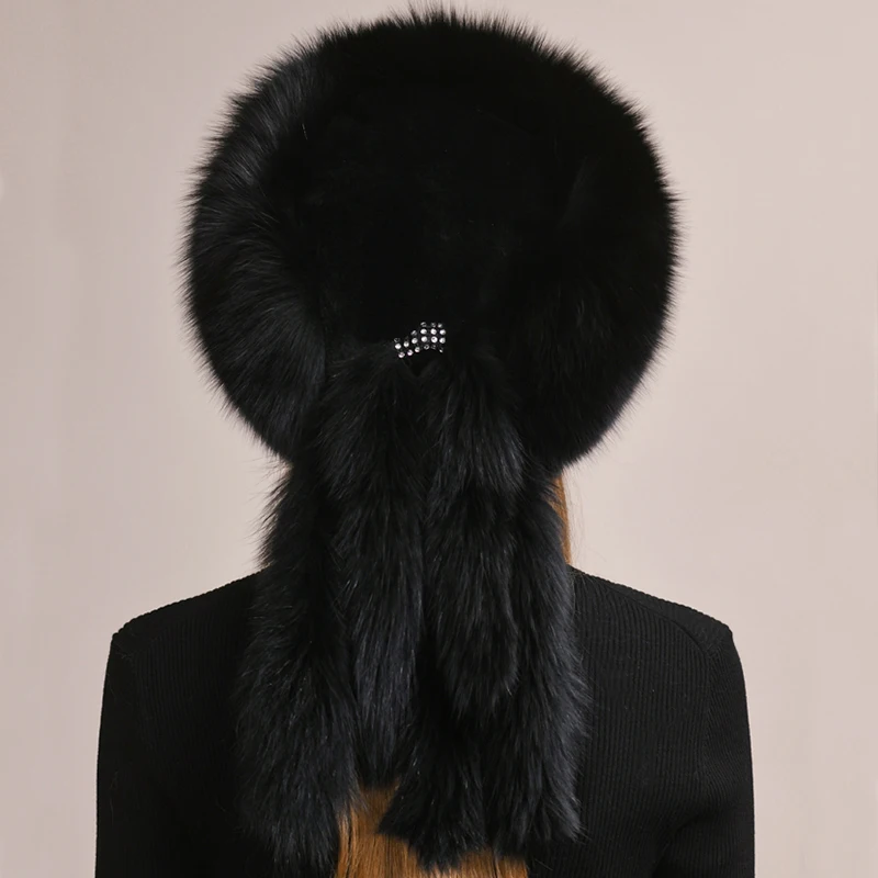 Winter Women Fox Fur Hat Fluffy Soviet Female Outdoor Warm Cap Snow Fur Hats 5 tails Real Fox Fur Cold Bomber Hats