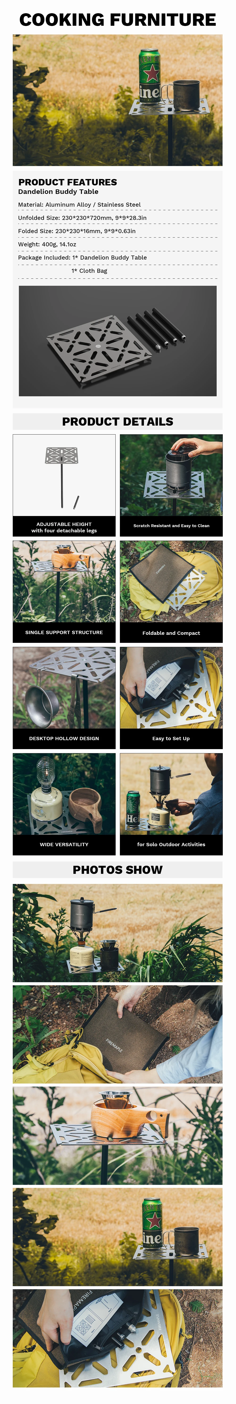 Feuer-Ahorn Löwenzahn Kumpel Tisch Camping Aluminium abnehmbare verstellbare Mini Klapptisch im Freien zum Wandern Rucksack wandern – Detail 1