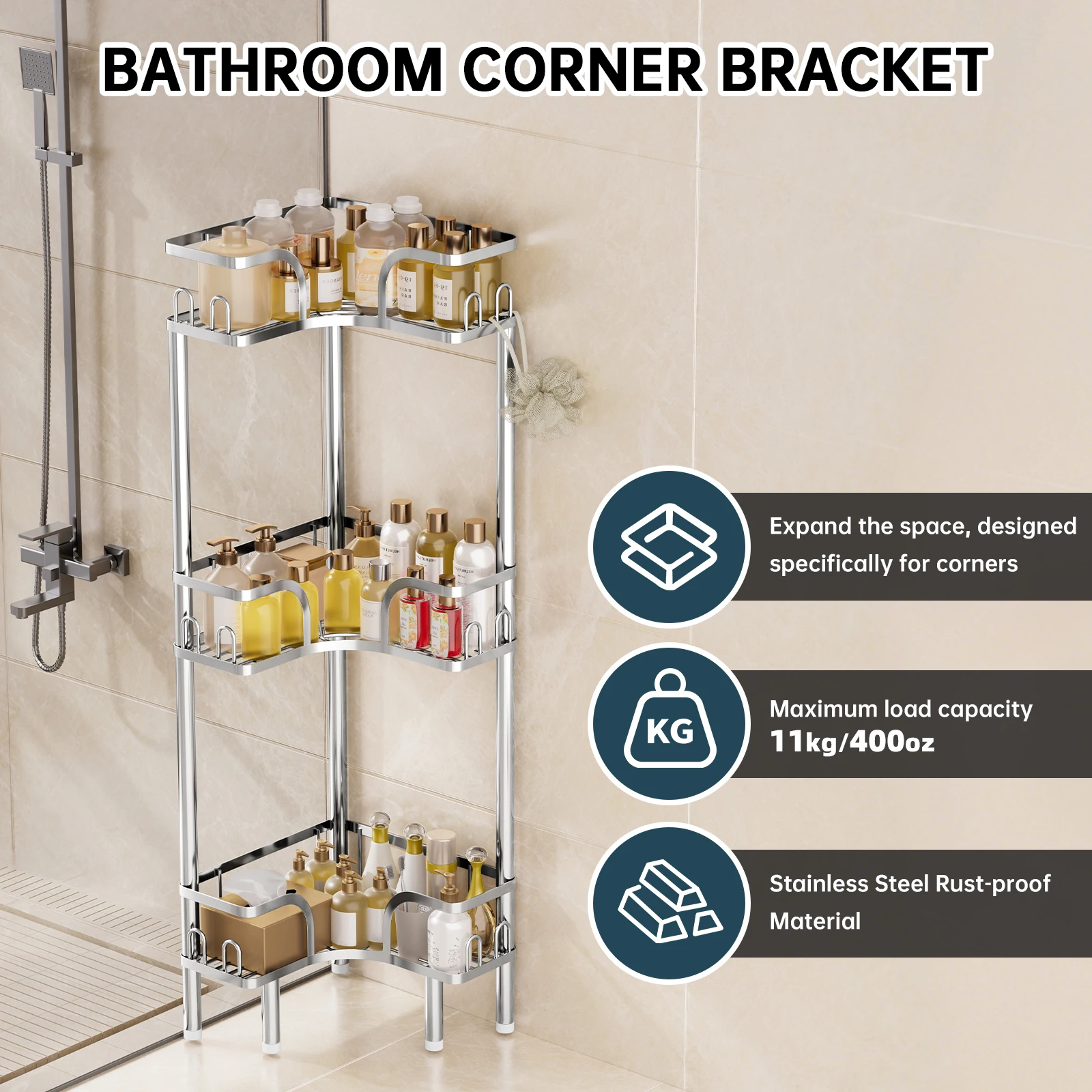 1Pc Stainless Steel Storage Rack for Shower Room, Corner Space Utilization, Triangle Basket for Bathroom Gap, for Placing Bathing Supplies, Floor Standing Corner Shower Caddy Organizer Shelf