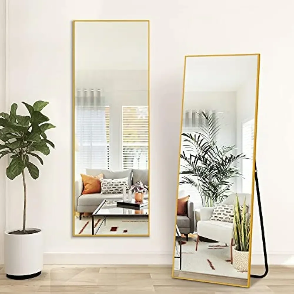 Floor-to-ceiling mirror 60x20 full length wall mount, aluminium frame vanity mirror with stand, gold