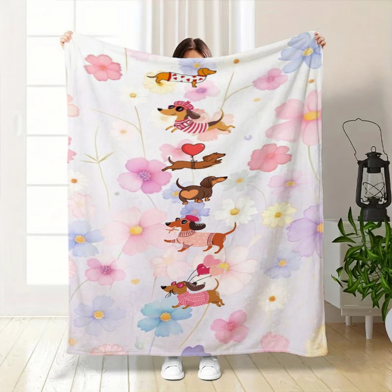 Mint Green Dachshund Group Fleece Blanket For Fresh Bedroom Decor Lightweight Plush Throw Blanket Wrap