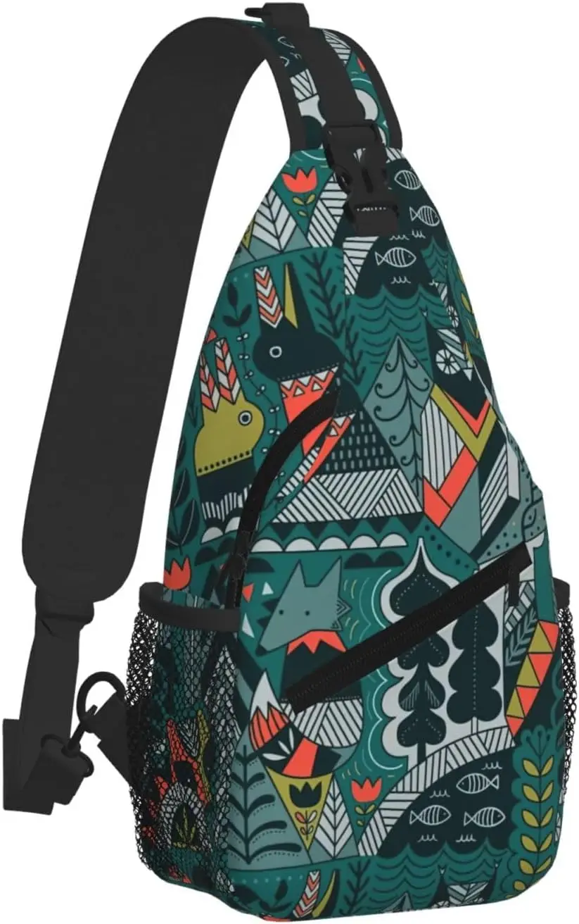 Green Animals print Small Sling Backpack Crossbody Sling Bag, Chest Bag Daypack Fanny Pack for Outdoors Travel Hiking Daypack
