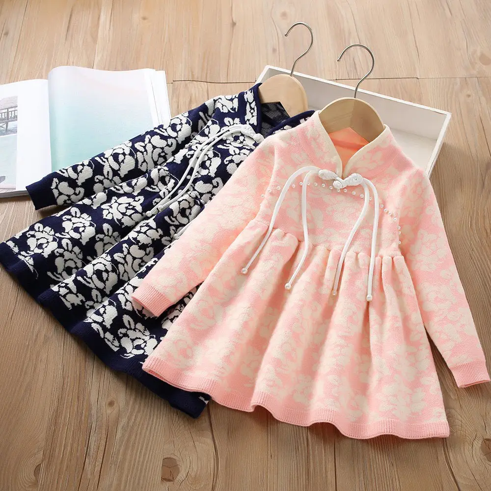 Baby Girl Sweater Dress Autumn/Winter New Style Chinese Style Retro Flower Knitted Children's Princess Dress