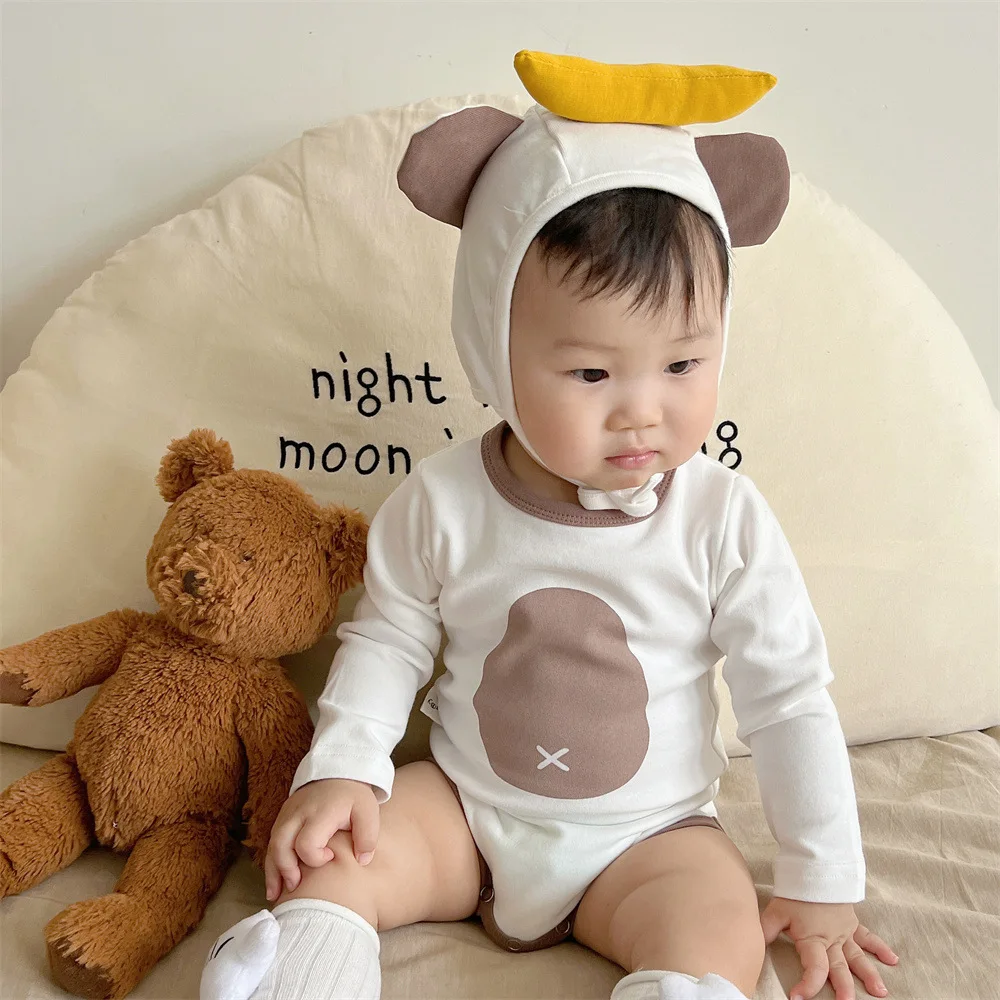 2024 Spring Newborn Cute Monkey Long Sleeve Romper Girl Cotton Infant Print Jumpsuit+Banana Cap 2pcs Boy Toddler Onesie Clothes