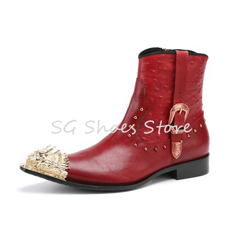 Punk Rivet Belt Buckle Ankle Short Boots Male Party Dress Leather Shoes Fashion Design Metal Lion Head Men's Chelsea Boots