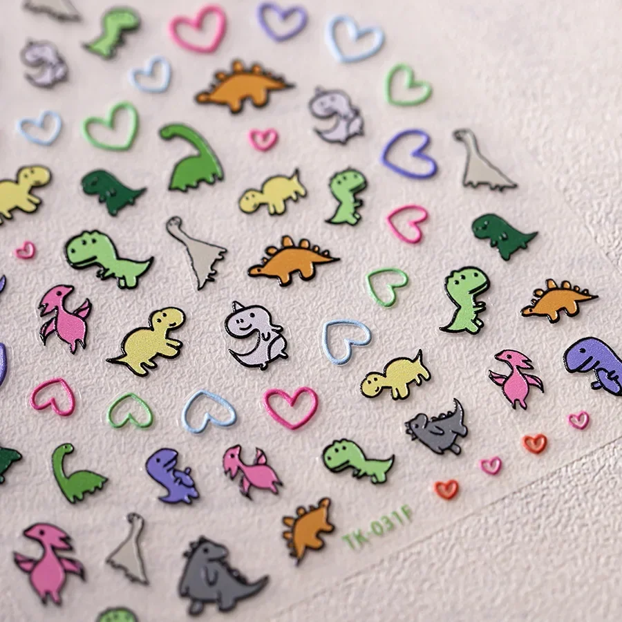 Cute Delicate Colorful Cartoon Dinosaurs Love Heart Grass Animals Embossed Reliefs Adhesive Nail Art Stickers Manicure Decals