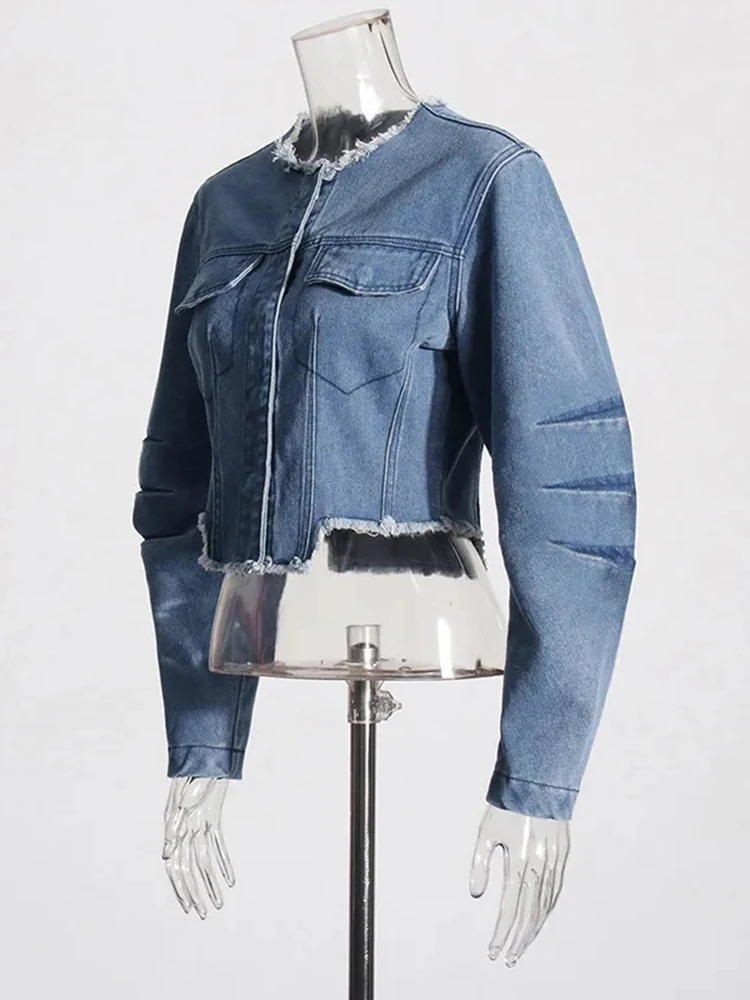 TWOTWINSTYLE Solid Patchwork Rawhem Denim Coat For Women Round Neck Long Sleeve Designer Slimming Shorts Jacket Female Fashion