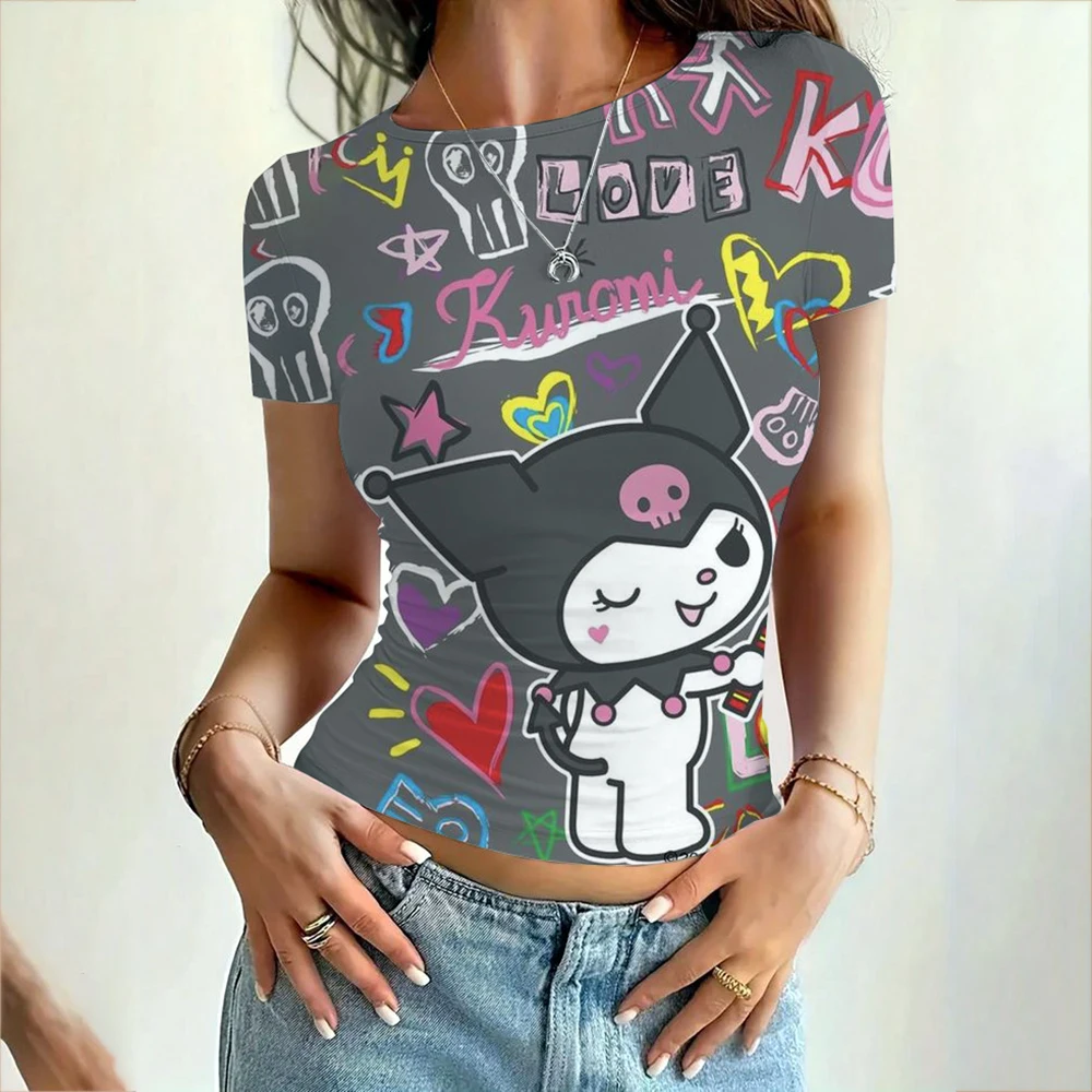 Summer slim fit T-shirt women's Hello Kitty printed top pullover, street wear Y2k retro basic T-shirt women's T-shirt casual