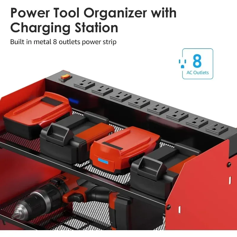 Modular Power Tool Organizer Wall Mount with Charging Station. Garage 4 Drill Storage Shelf with Hooks, Screwdriver,