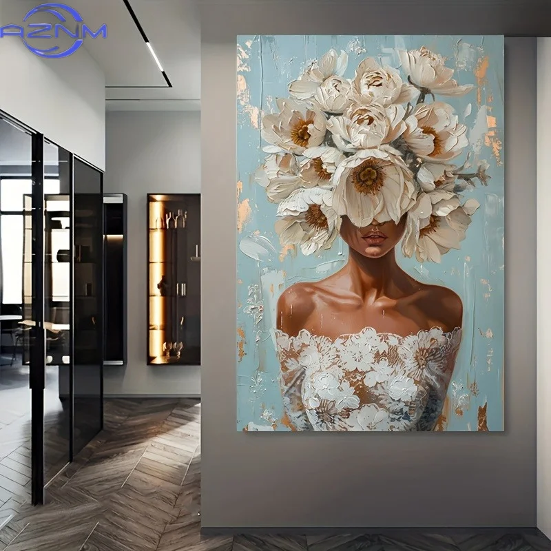 AZNM Modern Abstract White Floral Woman Poster and Prints Figure Art Canvas Painting Wall Art Picture for Living Room Home Decor