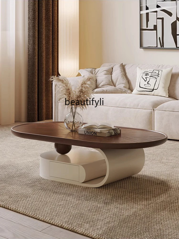 Tea Table Designer Model Minimalist round Arc Edge Modern Retro Living Room Household Walnut Color Antique Style Tea Table