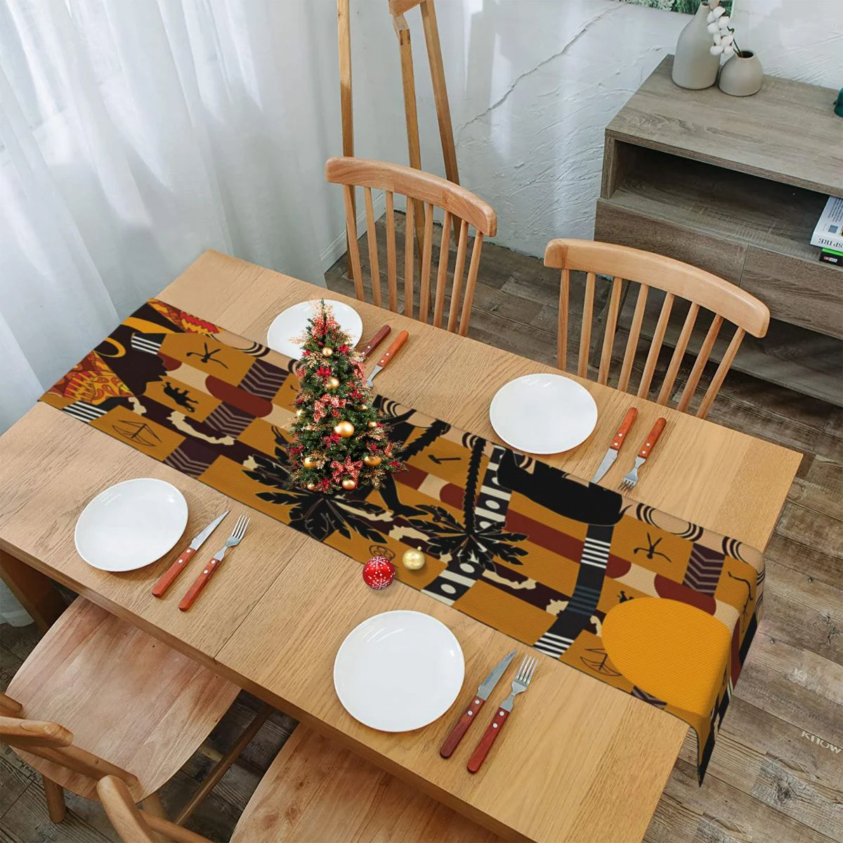African Black Woman Rectangular Table Runner with Elephant and Giraffe Pattern,Suitable for Dinner Decoration