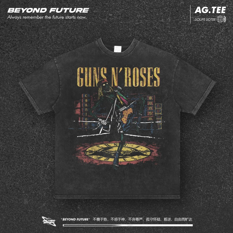 

Gunsnroses American Retro Washed Made Old Oversized Loose Short Sleeve Men Tshirt Women Fashion Hip-hop Summer Top