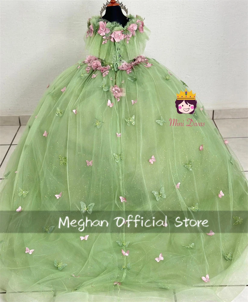 Verde scollo a V Flower Girl abiti Bead 3D Flower Cute Kids Dress Butterfly Appliques Princess Gown Robe De Bal