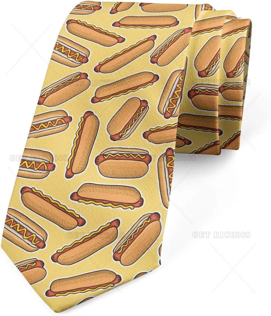 Ambesonne Hot Dog Men's Tie, Continuous Pattern of Fast Food Delicious Bread Sausage and Mustard Print, 3.7