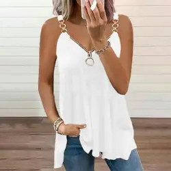 Zipper V-neck Sleeveless Sling Top Chain Shoulder Chain Straps Loose Fit Backless Milk Silk Solid Color Soft Vest Top Streetwear