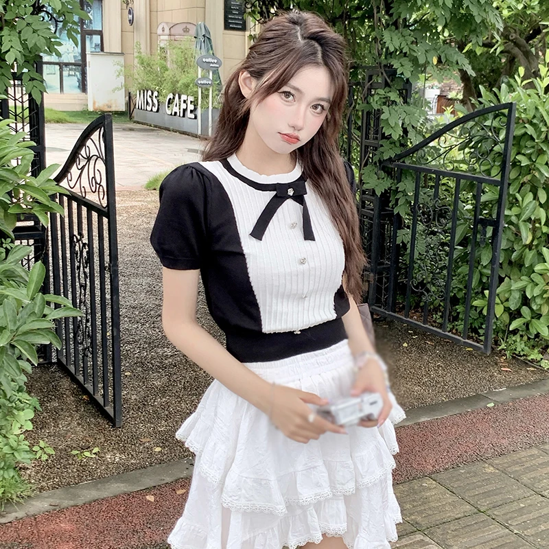 Summer Round Neck Bowknot Fashion Temperament Short Sleeve Sweet Short Knit Pullover Top Black