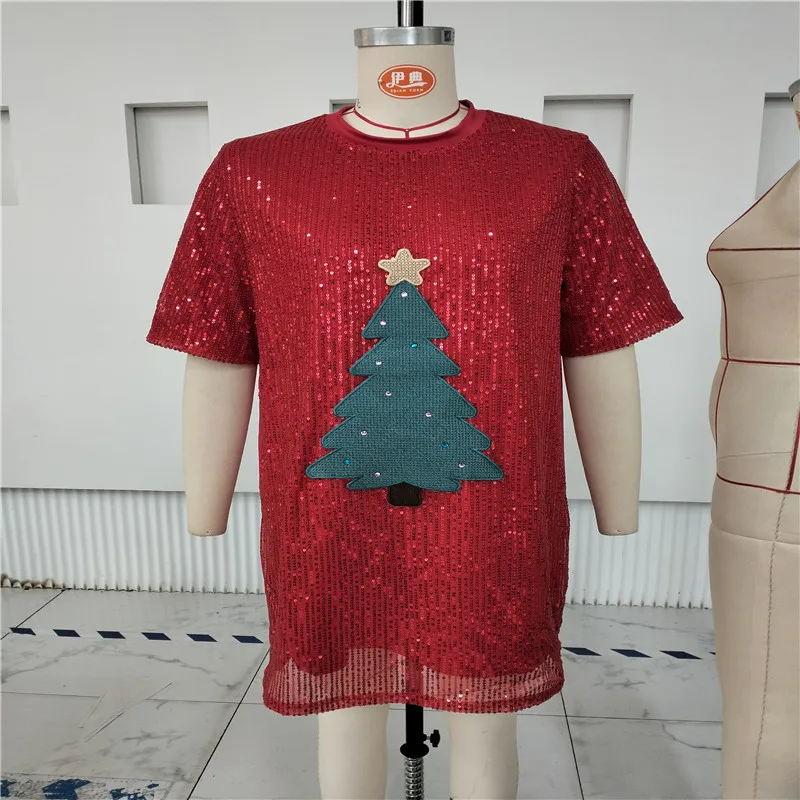 Feminino natal mini camiseta vestido verão lantejoulas padrão de árvore de natal manga curta em torno do pescoço solto vestidos curtos para festa