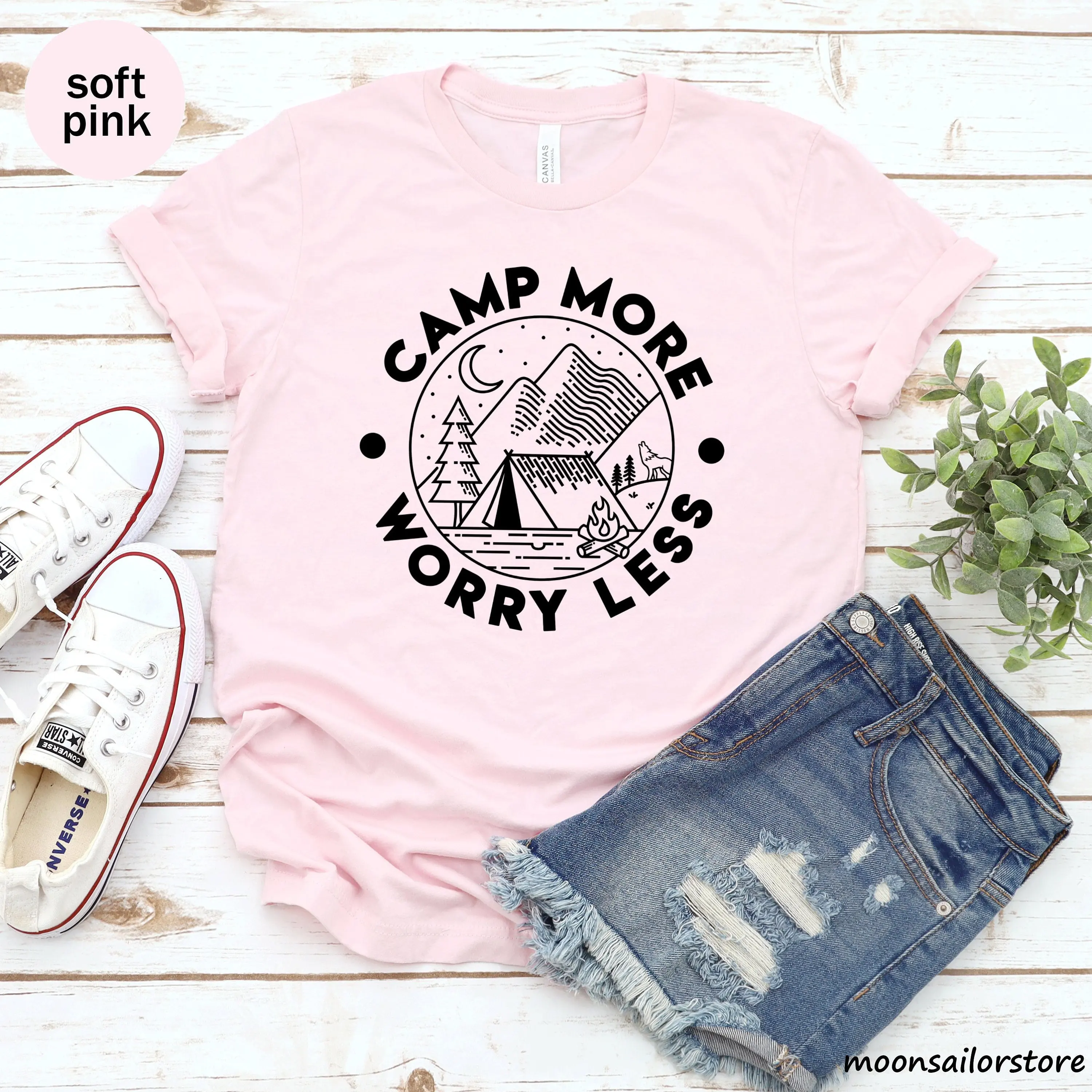 Camp More Worry Less T Shirt Family Camping Vacation Nature Lover Adventure