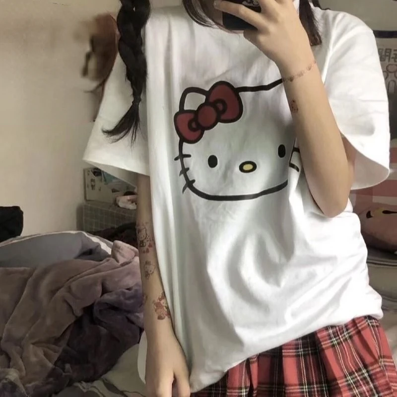 Hello Kitty T-shirt Cotton Short Sleeve Bow Element Oversized Loose Cotton Print Breathable T-shirt Cartoon Anime Girl Heart