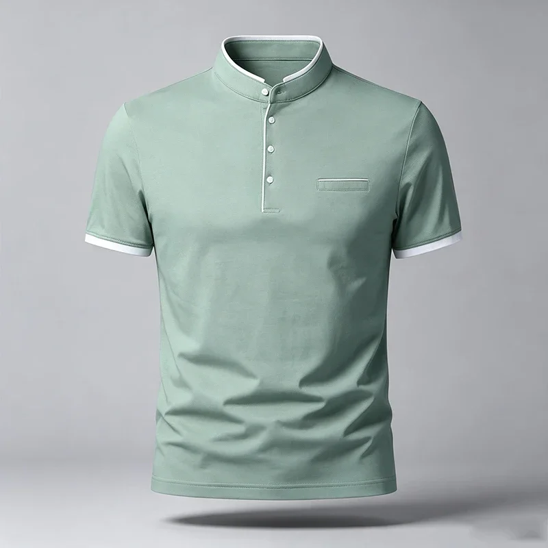 Men Regular Fit Long Sleeve Polo Shirt Mandarin Collar Chest Pocket Skin‑Friendly Fabric For Street Style Office Daily Commute