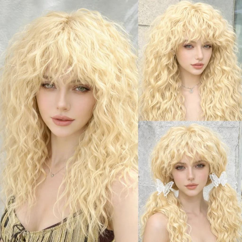 

Platinum Blonde Long Curly Synthetic Wig with Bangs - Heat Resistant Wig for Women Daily Party