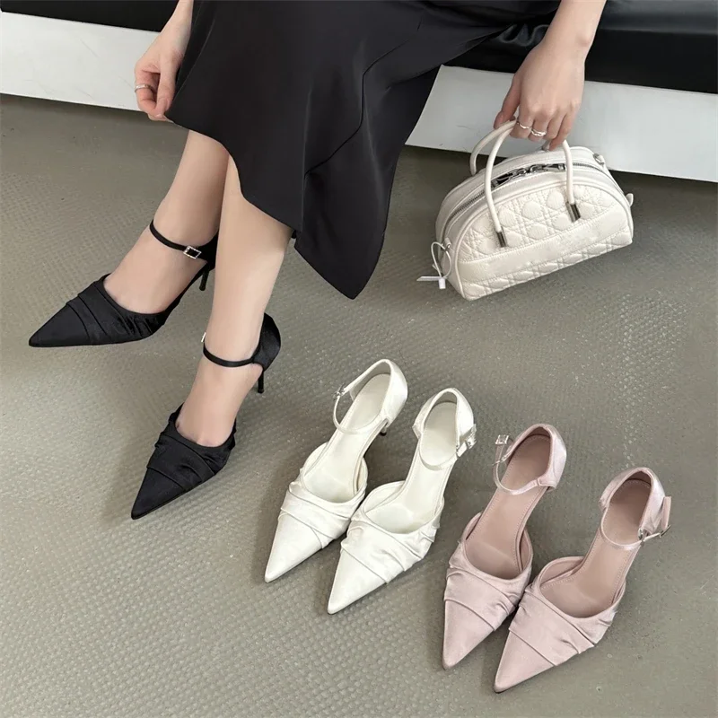 

Sexy Satin Pointed Toe Buckle Strap Women Pumps Thin Low Heels Elegant Party Stripper Mules Shoes Zapatos De Mujer