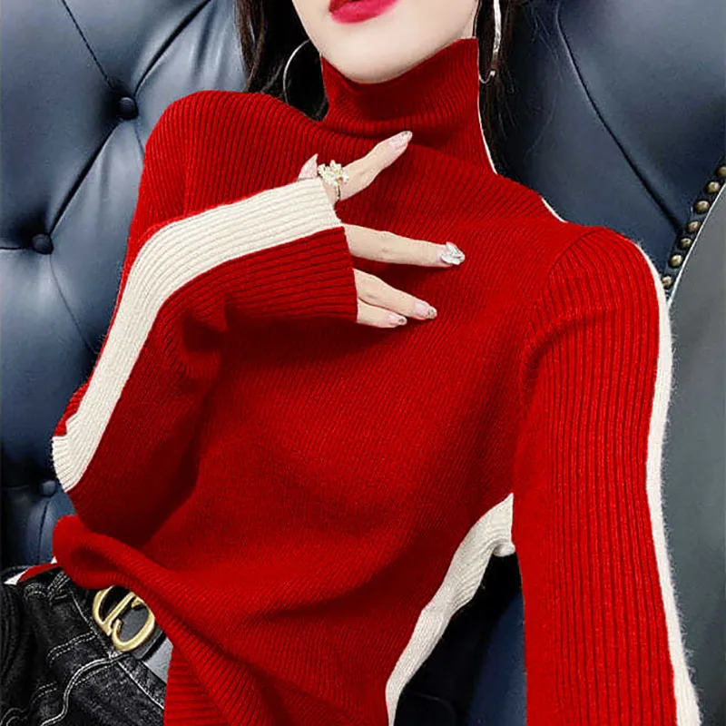 Fashion Turtleneck Knitting Spliced All-match Sweater Women\'s Clothing 2022 Autumn New Casual Pullovers Loose Korean Tops